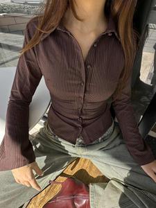 Women's Striped Print Button Front Flounce Sleeve Shirt, Casual Long Sleeve Collared Top for Daily Wear, Ladies Clothes for All Seasons