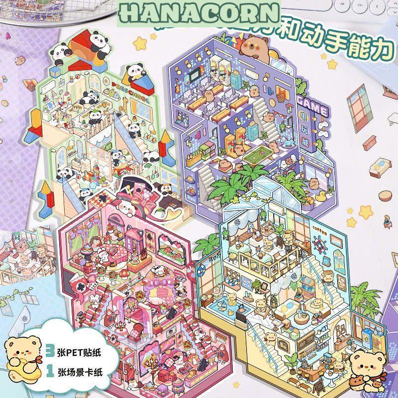 Bộ Sticker, hình dán 3D không gian, phong cảnh tự dán SIZE T3 TẦNG cắt sẵn (HANACORN) - Tranh dán 3D tự làm DIY Cute