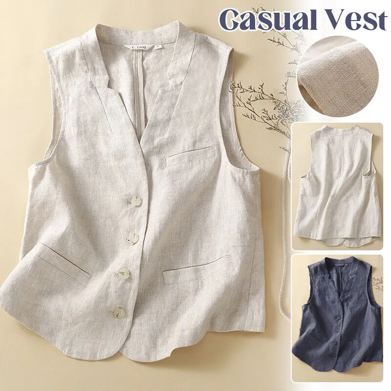 Women Cotton Linen Vest Casual Loose Waistcoat V-Neck Sleeveless Coat