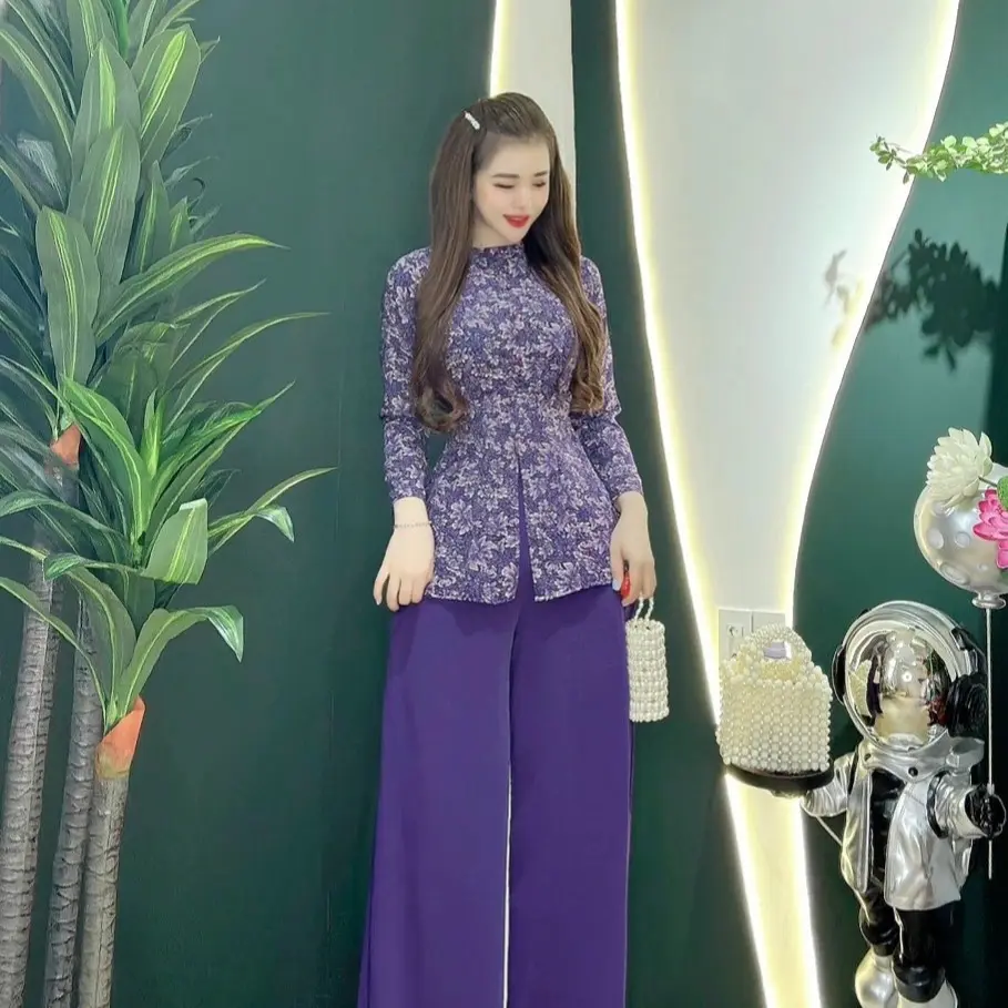 set ao bà ba cổ tron tay dai kem quần lụa mango Women di chùa