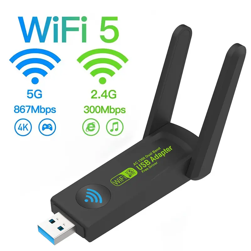 Bộ chuyển đổi Usb Wifi băng tần kép, 1300mbps, 2,4 + 5ghz, Gigabit, Bluetooth , card mạng không dây, card mạng Pc 1