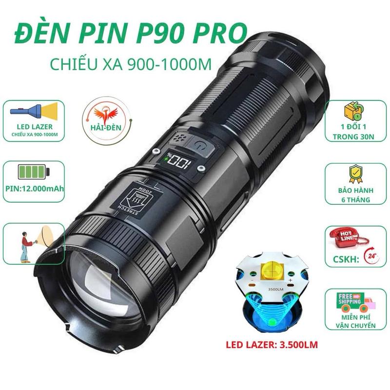 Đèn Pin P90pro Cầm tay siêu sáng, Zoom xa, Tỏa rộng. Độ sáng 3500LM, Chiếu xa trên 1.000m, Full Kim loại Toàn thân, Chống nước IP44, Dung lượng 12.000mAh..... pin p90 pro