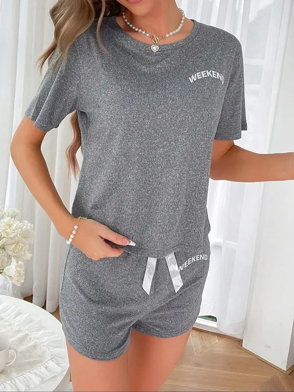 Women's Letter Print Tee & Bow Decor Shorts Pyjama Set, Casual Soft Comfortable Round Neck Short Sleeve T-shirt & Elastic Waist Shorts Loungewear Set, Comfy Sleepwear Set for Women 1