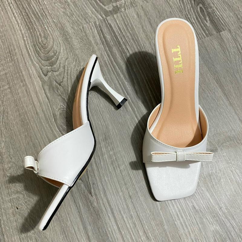 Guốc cao gót nữ mũi vuông gót nhọn cao 7 phân quai ngang đính nơ xinh xắn bigsize từ 35 đến 46 - Trắng/Đen/Kem - Cao Su, Nhung