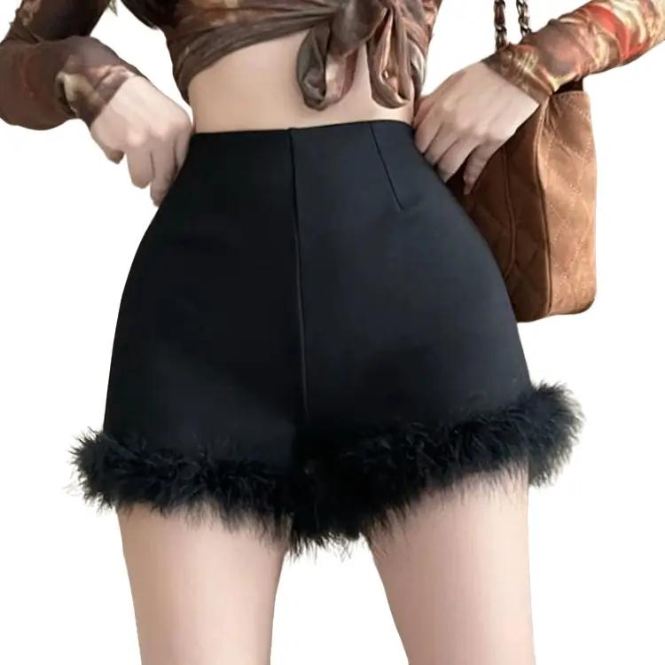 Quần Đùi Lông Màu Đen, Dành Cho Nữ, Có Thể Mặc Ngoài Trời, Thời Trang, Dáng Ôm, Bó Sát, Cạp Cao, Chữ A, Cô Gái Nóng Bỏng, Quần Hot Women Pants