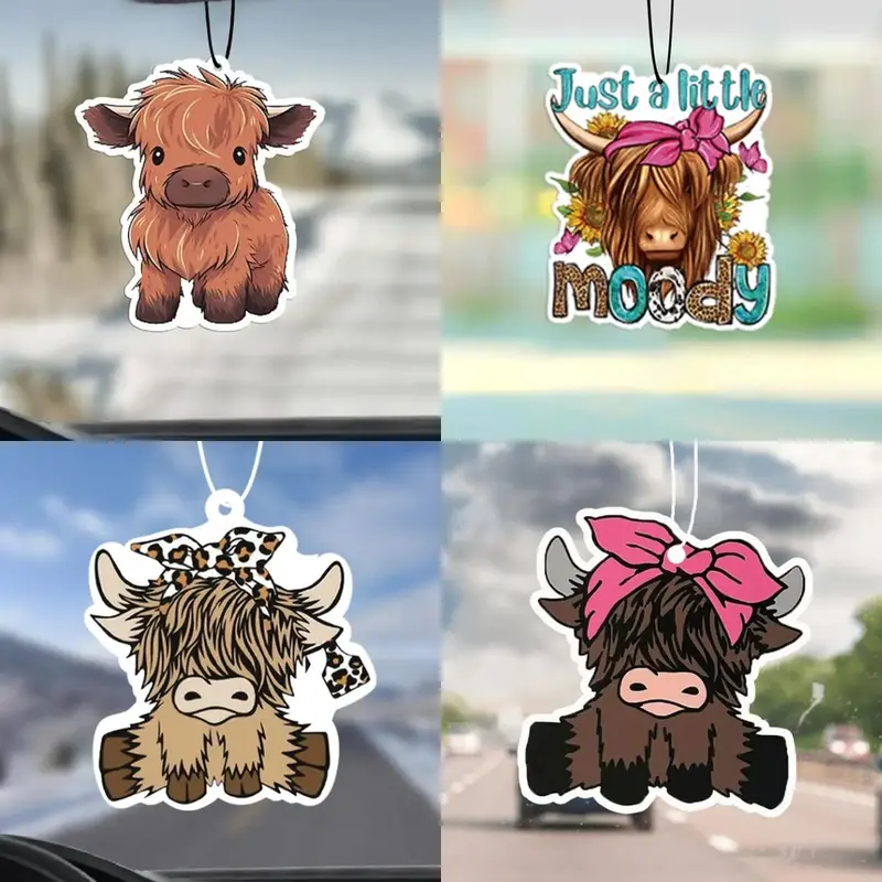 Highland Cow Car Air Freshener Ornament, Car Rearview Mirror Hanging Aromatherapy Tablet Decoration, Car Interior Decoration Accessories 2