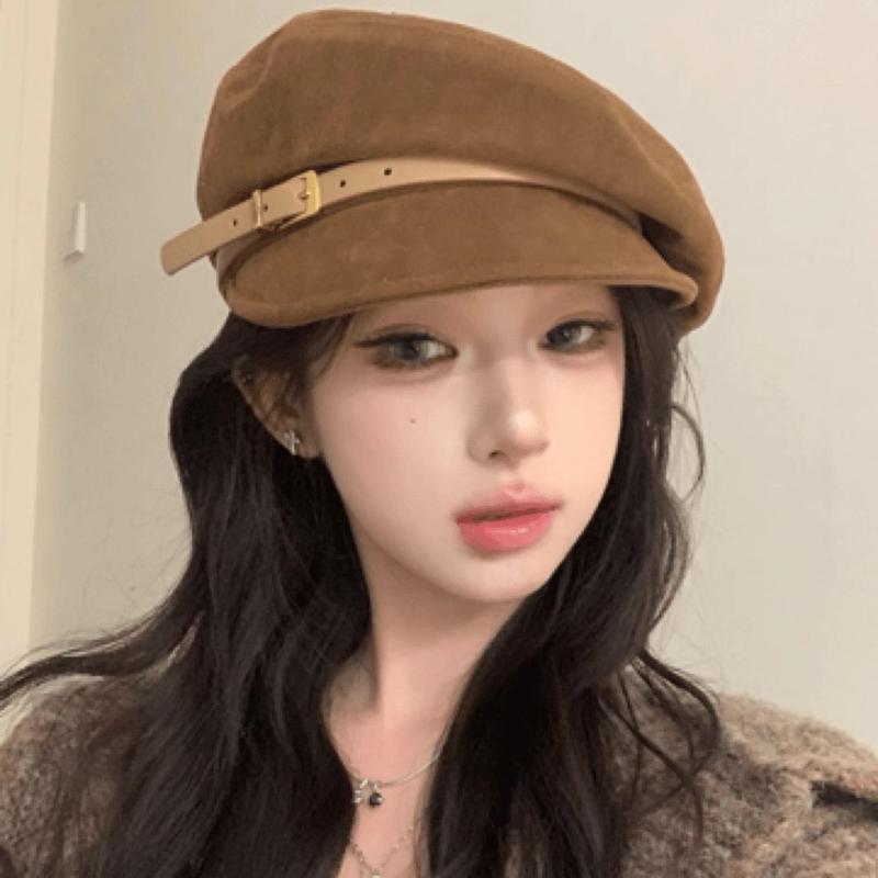 Mũ beret chất liệu nhung lì pha dây da cá tính sang chảnh cho nữ có dây diều chỉnh size đầu Women Hat Nón
