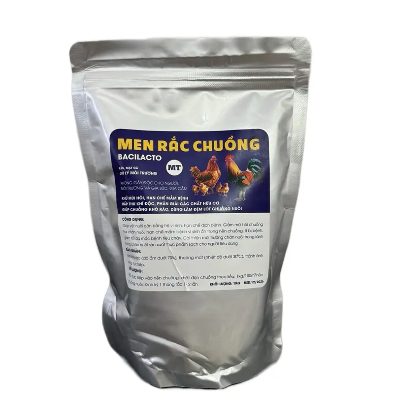 Sản phẩm Men Rắc Chuồng thế hệ mới 5in1 1kg . Khử mùi hôi hút ẩm, hạn chế mầm bệnh, diệt mạc cháy rận ve trên chuồng nuôi, huỷ phân chuồng trại. 1