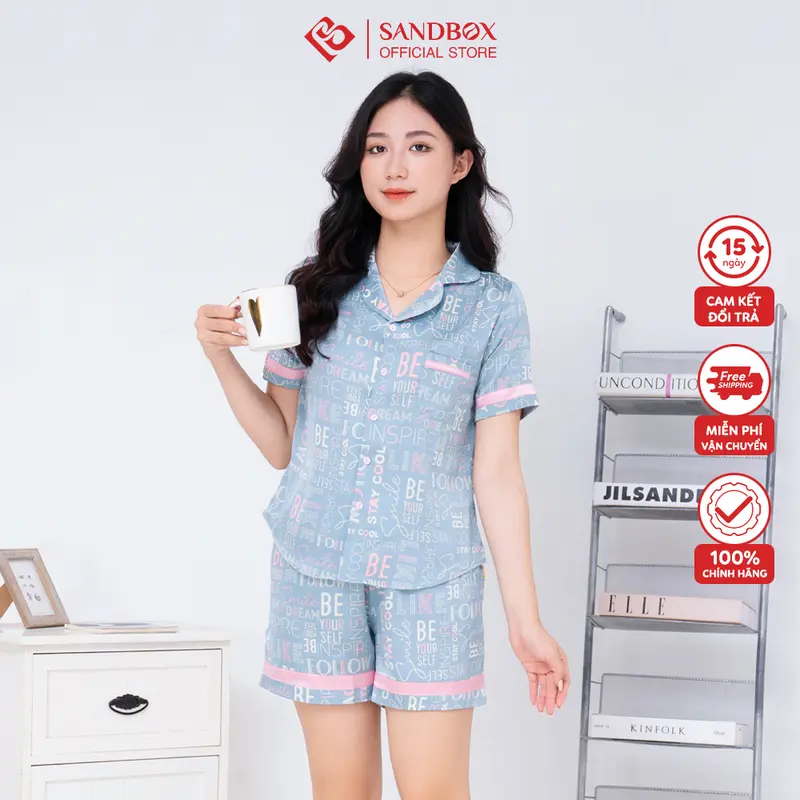Bộ mặc nhà nữ SANDBOX bộ Pijama ngắn tay quần đùi chất lụa mềm mại, trẻ trung BLD23004 -2 Nhung Áo Ngủ Quần Ngủ Women Nho 0