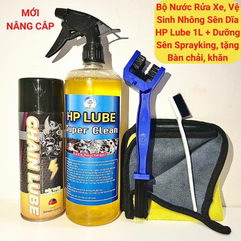 [4 Trong1] Bộ Dưỡng Sên Sprayking + Chai Tẩy Rửa Nhông Sên Dĩa Kết Hợp Rửa Xe HP Lube Super Clean 1L Kèm Bàn Chải, Khăn