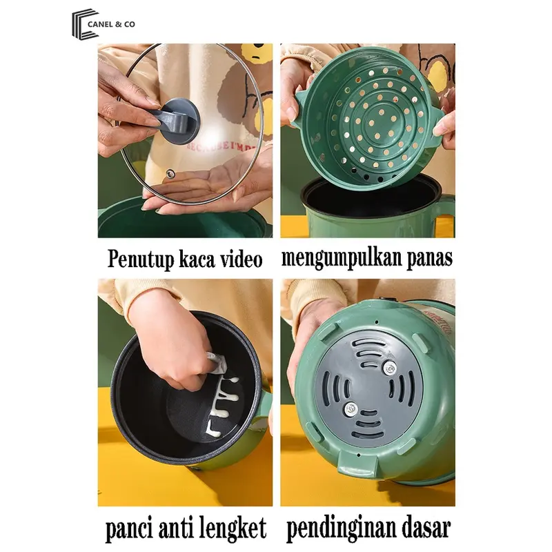 CANEL & CO Goreng Panci Listrik Multifunctional Electric Frying Pan Panci Listrik Lapisan Teflon/Panci Listrik Multifungsi Free Kukusan / Steamer  Lapis Keramik Teflon 3