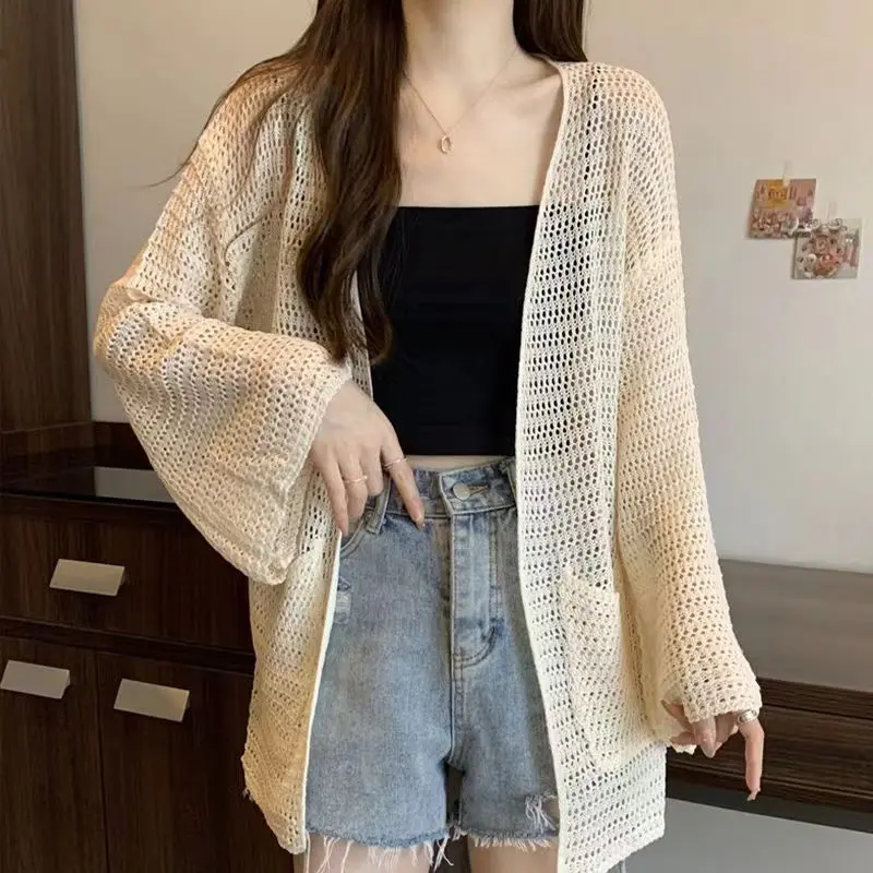 Spring and Summer Hollow Knitted Cardigan Idle Style Korean Commuter Loose Blouse Thin Coat Shawl Outer Tops
