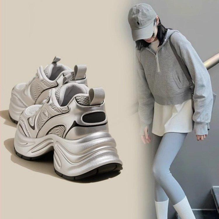 Lưới Mũi Tròn Hàn Quốc, JINXCHOY, Gót Trung Bình Dad Shoes, SS24, Dây Đeo Chéo PU, Thoáng Khí, Thường Ngày, Không Trơn Trượt, Tăng Chiều Cao, Bó Sát, Chống Mài Mòn, Thích Hợp Cho Học Sinh, Giày Thể Thao Thường Ngày Cho Nữ