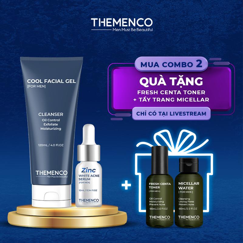 [ QUÀ TẶNG Toner 60ML + Tẩy Trang 60ML Khi Mua ] COMBO Hỗ Trợ  Mụn Dành Cho Nam Giới The Menco, Gồm Sữa Rửa Mặt Cool Facial Gel 120ml và Serum Chấm Mụn ZinC White Acne 10ml
