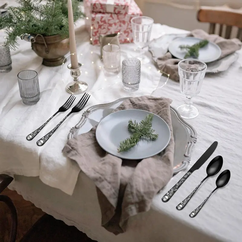 Gothic Style Flatware Set, 5/25pcs Skull & Rose Pattern Flatware Set, Stainless Steel Cutlery Set, Tableware Set for Home Kitchen 3