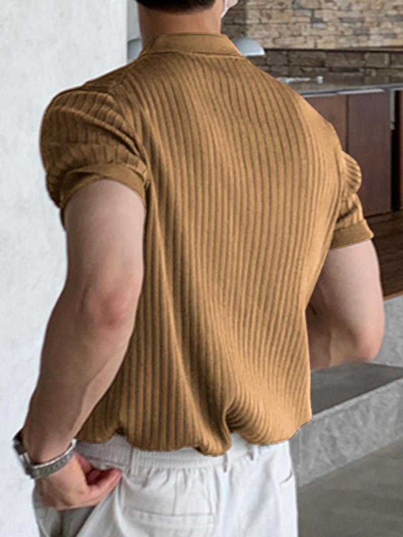 Product Introduction of Men's Solid Textured Short Sleeve Polo Shirt, Regular Fit Casual Fashion Button Front Collared Knitting Top for Summer, Fashion Men's Clothes for Daily Wear 2