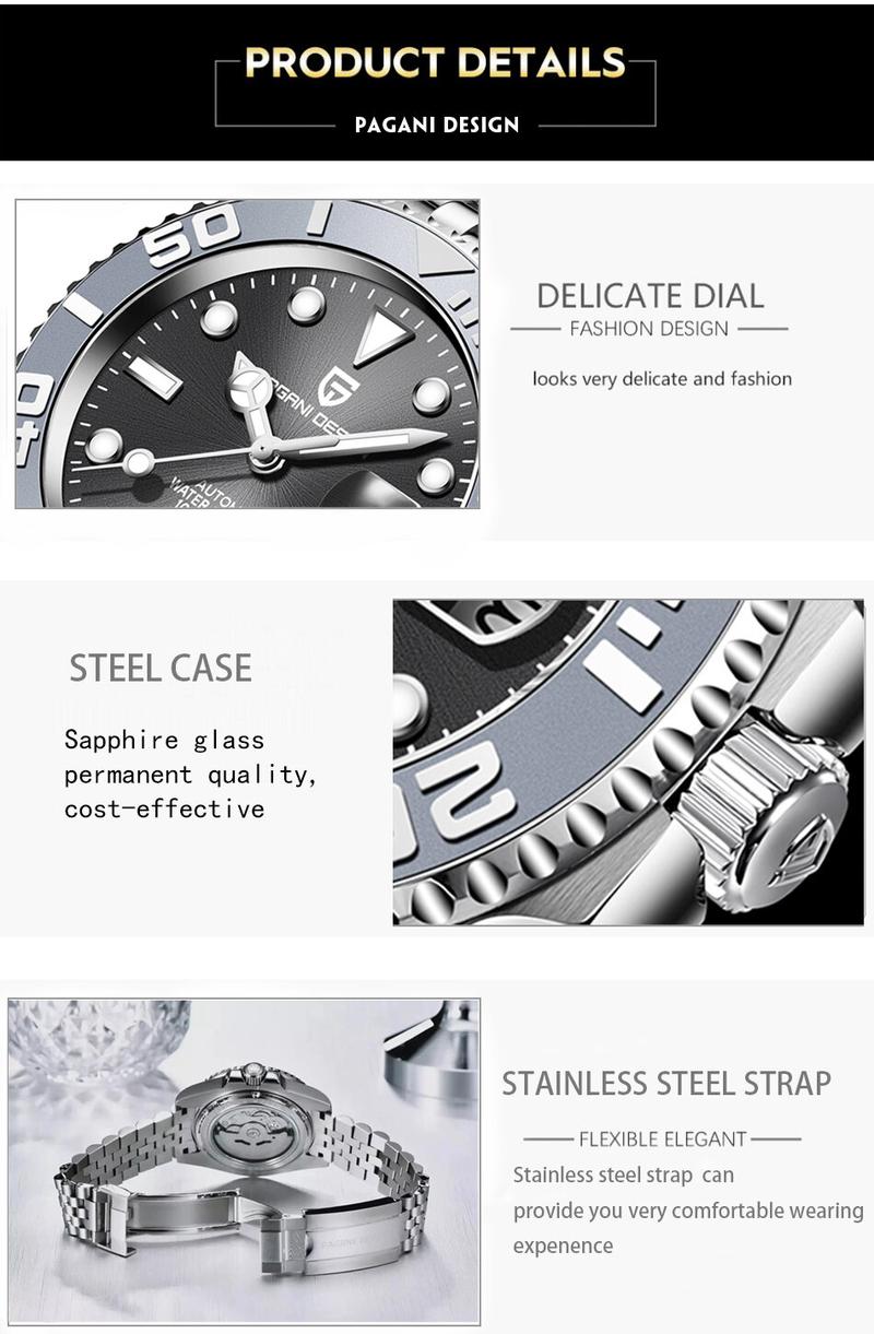 Product Introduction of Jam Tangan Mekanikal Lelaki Sukan, REKA BENTUK PAGANI, Mewah Nilam, Jam Tangan Automatik untuk Lelaki, Keluli Tahan Karat, Kalis Air, Jam 18