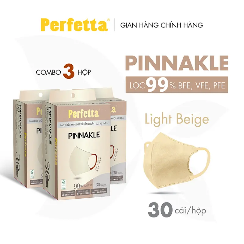 Combo 3 Hộp Khẩu Trang Cao Cấp Perfetta Pinnakle, 3 Lớp Kháng Khuẩn, Chuẩn From 3d Thời Trang (30 cái/hộp) 3