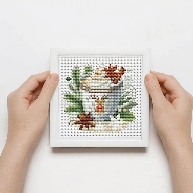 Coffee Cup Pattern Cross Stitch Kit for Beginners, 12pcs/set Cross Stitch Printed Canvas with Tools, Cartoon Needlework Craft for Home Decor 3