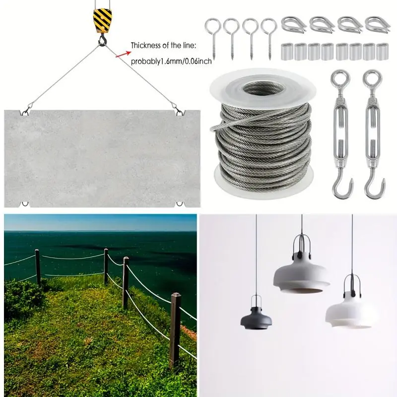Stainless Steel Wire Rope Hanging Kit, Outdoor String Light Hook Tightening Line Pack, Garden Wire Rope, Outdoor Tent Rope, Cleaning Rope Kit, Tension Rope, Suspension Rope, Adjustable Hanging Ropes 4