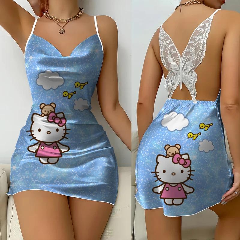 Váy Ngủ, Sanrio, Dành Cho Nữ, Bộ Sưu Tập In Hình Hello Kitty Mùa Hè Mới, Ren Satin Bướm, Hở Lưng, Gợi Cảm, Thanh Lịch Và Đơn Giản, Thích Hợp Dự Tiệc, Váy Ngủ 0