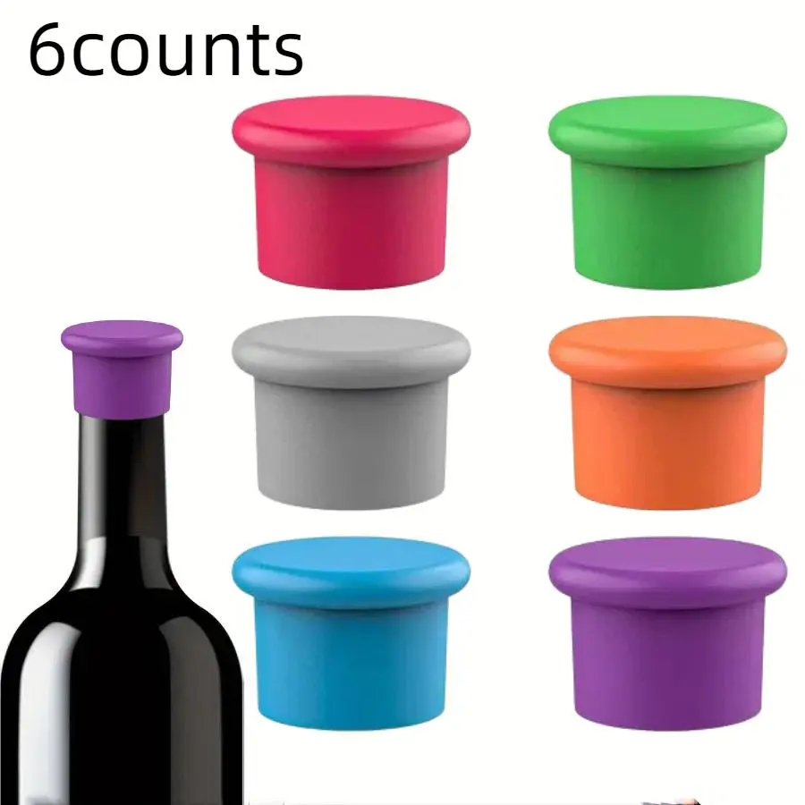 Silicone Wine Bottle Stopper, 6 Counts Reusable Silicone Wine Stopper for Freshness, Food Grade Silicone Wine Containers Stopper, Camping Kitchenware, Kitchen Gadgets