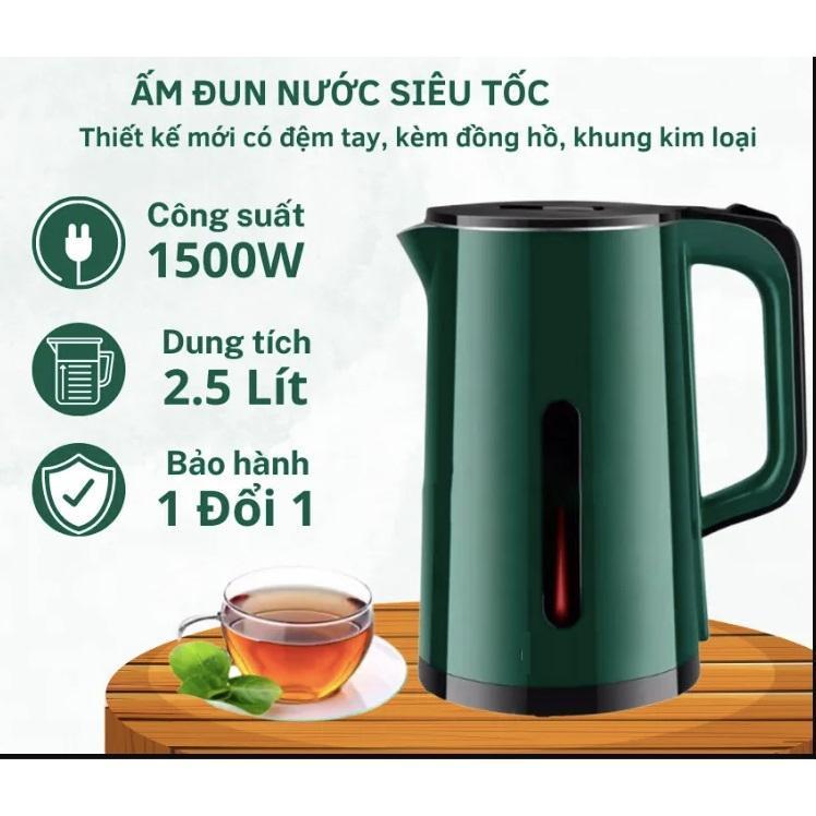Ấm siêu tốc đun nước 2 lớp cách nhiệt dung tích 2.5L HGHOME công suất 1500W tự ngắt khi sôi, giữ nhiệt tốt