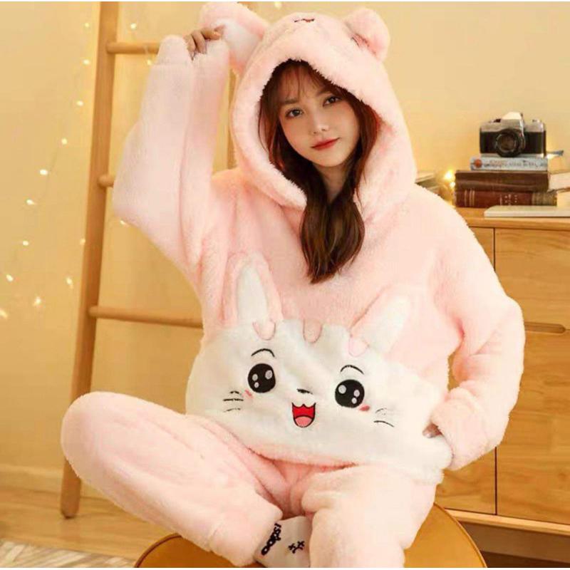 Bộ ngủ lông cừu thêu mèo dễ thương, Sét pyjama lông mũ tai gấu chất dày dặn ấm áp màu hồng nâu form rộng unisex hàn quốc, EYE 2T 2