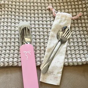 Mocorie - Laveyneth Travel Cutlery Set / Coquette Ribbon Pink Utensils Set / Ribbon Spoon Fork Chopsticks Set / Coquette Set Alat Makan Sendok Garpu Sumpit