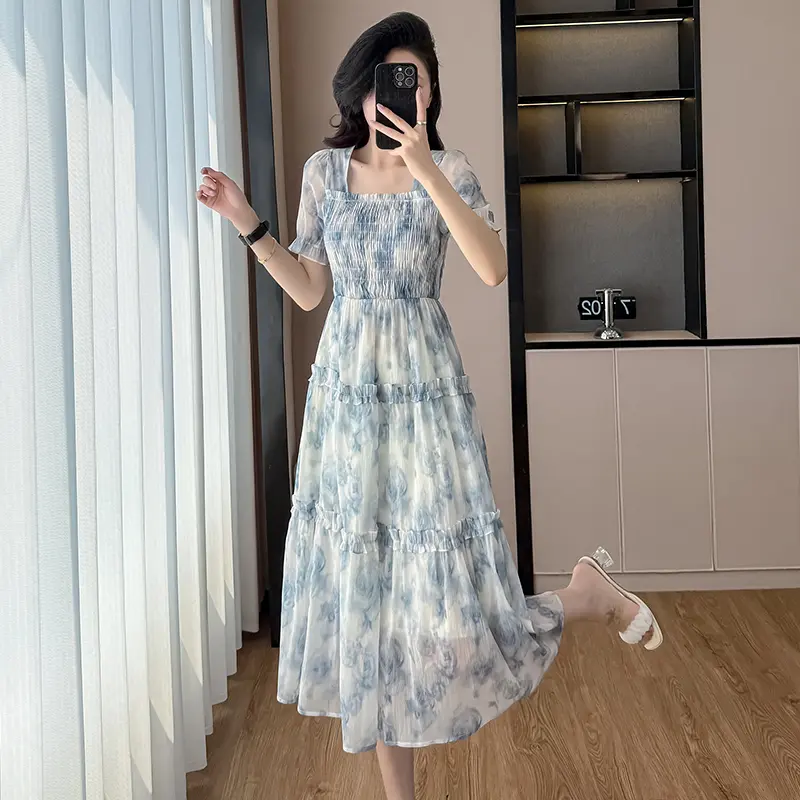 Women's Clothing Dress 2025 New Summer French Style Temperament Waist-Tight Art Advanced Hepburn Style Square Collar Puff Sleeve