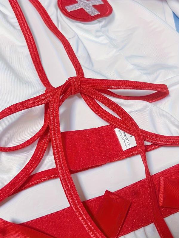Women's Contrast Binding Nurse Costume Set, Sexy Tie Back Halter Neck Bra & Plain Thong & Bow Decor Skirt & Contrast Lace Headband, Women's Lingerie & Underwear for All Seasons 4
