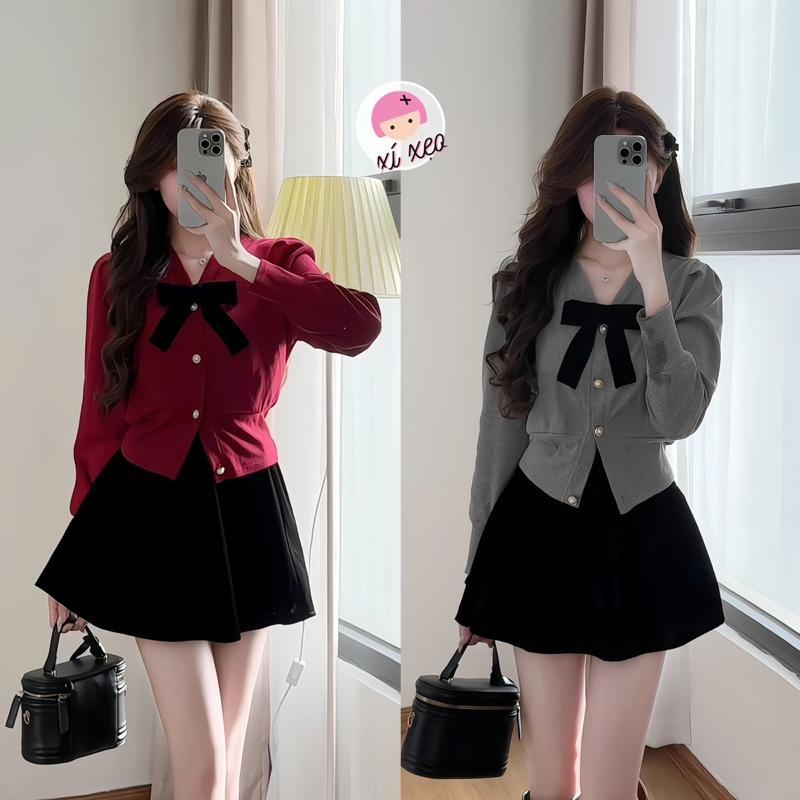 Set áo len tăm nơ kèm chân váy nhung đen xixeoshop - S105 Nữ Women