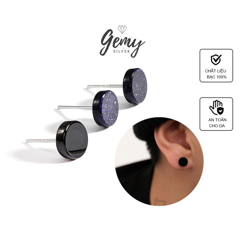 Khuyên tai nam bạc 925 mặt đá mã não tử sa viền trơn Black Knight 3 (1 chiếc) | GEMY SILVER KN35