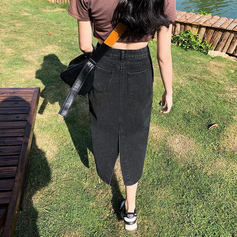 A-Line High Waist Slit Denim Skirt for Women Summer 2025 New Mid-Length Slim Fit Pencil Skirt Black Gray 0