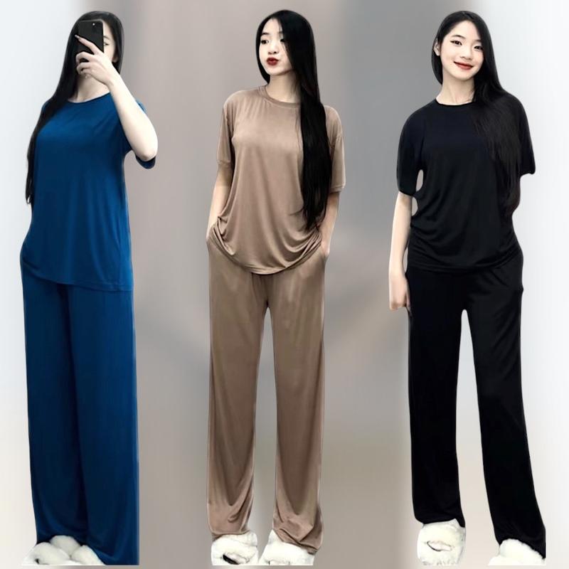 Set mặc nhà Quần dài suông áo tay ngắn chất thun lạnh Bigsize(45-90Kg)SET QUẦN DÀI ÁO CỘC TAY có thể giặt máy đen xám 70-80kg cánh tiên