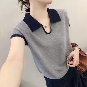 Unique color blocked stand up collar Niche thin knit sweater, elegant summer shoulder short sleeved pullover for women Fitted Tops