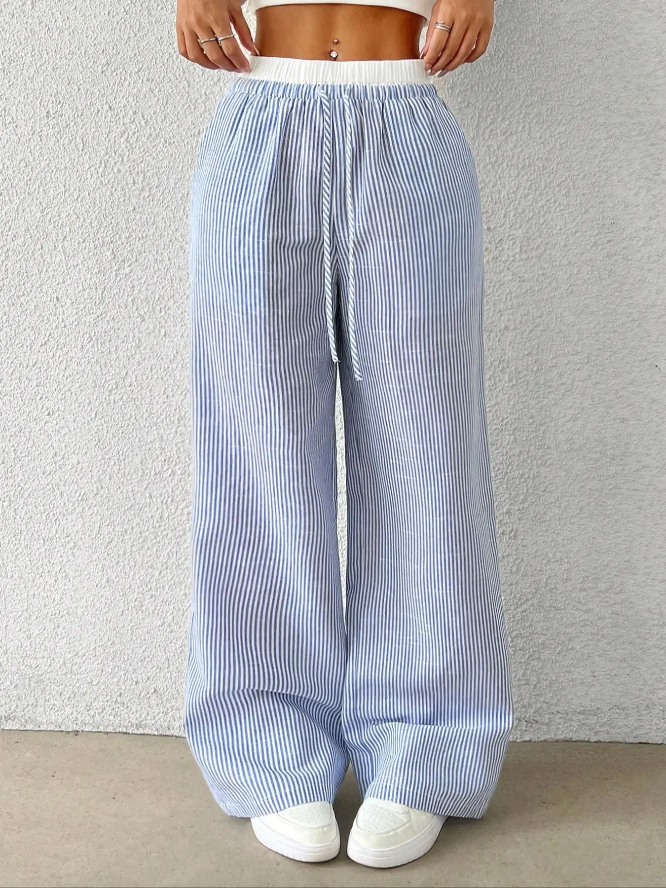 Women's Striped Print Wide Leg Pants, Casual Comfy Trousers for Daily Wear, Ladies Bottoms for All Seasons