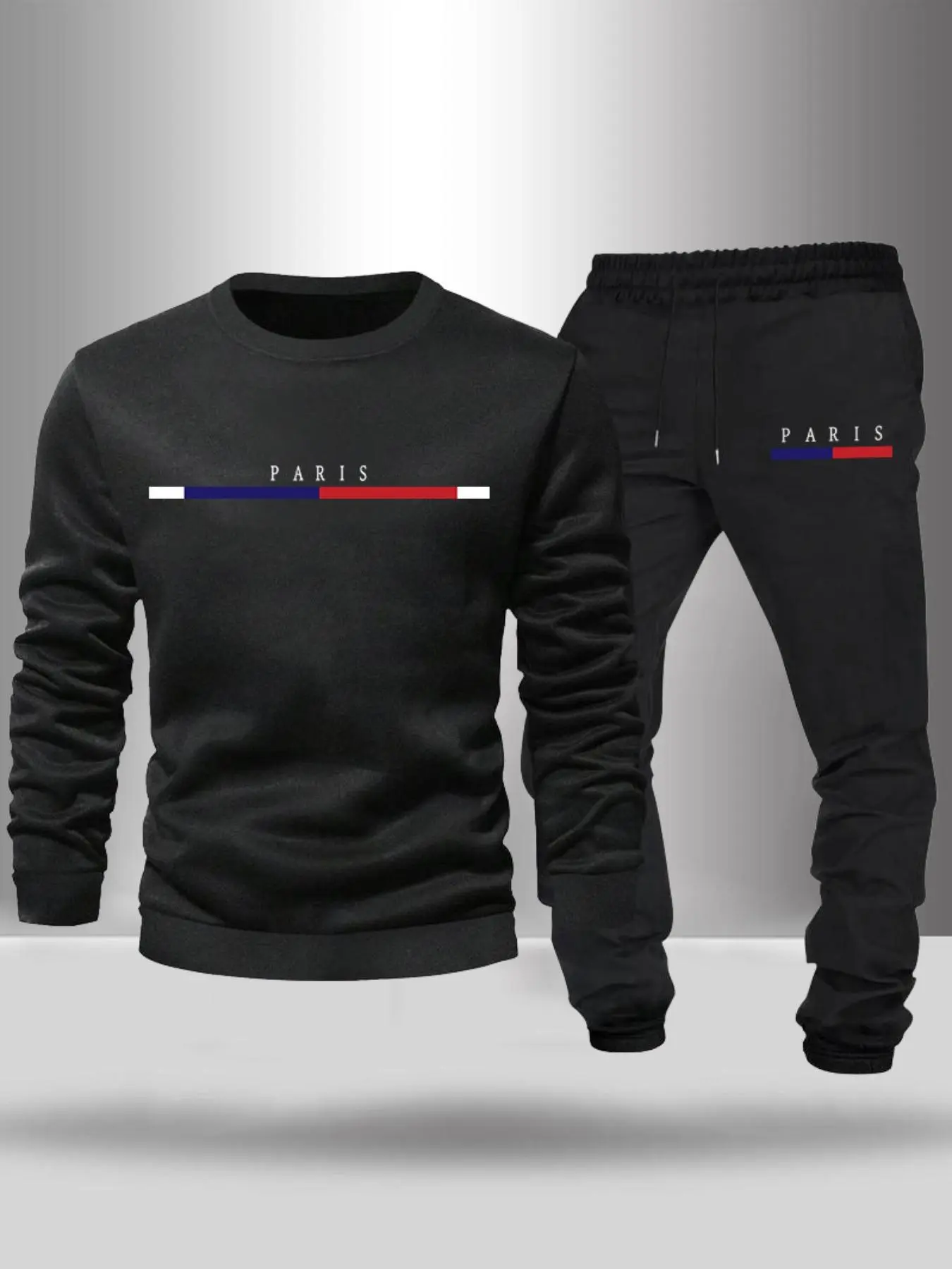 Men's Letter Print Sweatshirt & Pocket Sweatpants Set, Casual Long Sleeve Round Neck Pullover & Jogger Pants, Two-piece Outfits for Fall & Winter, Men's Paris Tracksuit