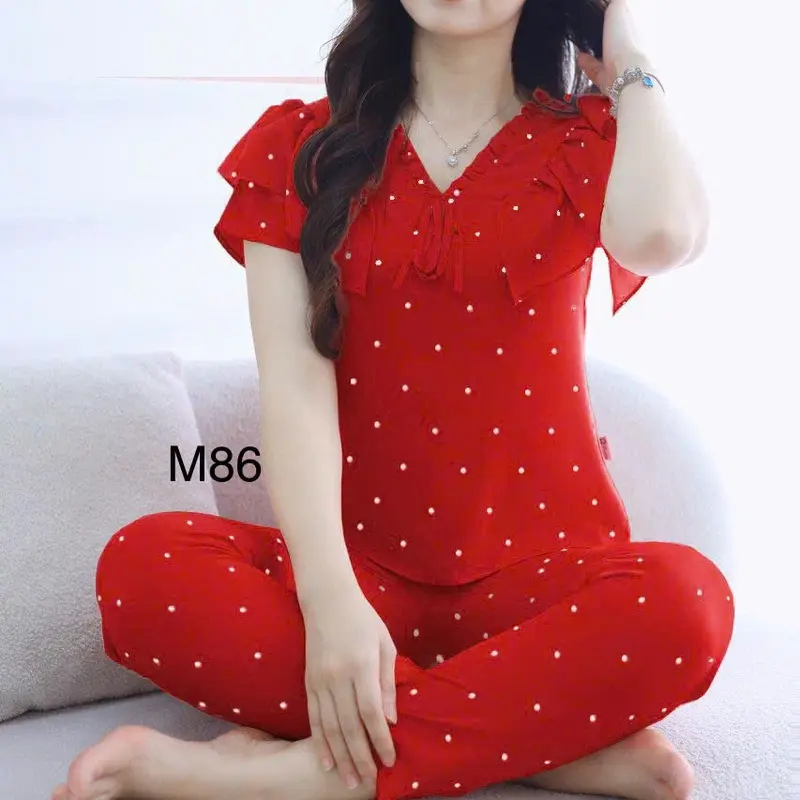(37kg-68kg) Sét bộ mặc nhà nữ hàng thiết kế tay phối 2 lớp cánh tiên vải lụa Hàn mềm Women Áo Quần Ngủ Top sau sinh có bigsize Cạp Cao 3