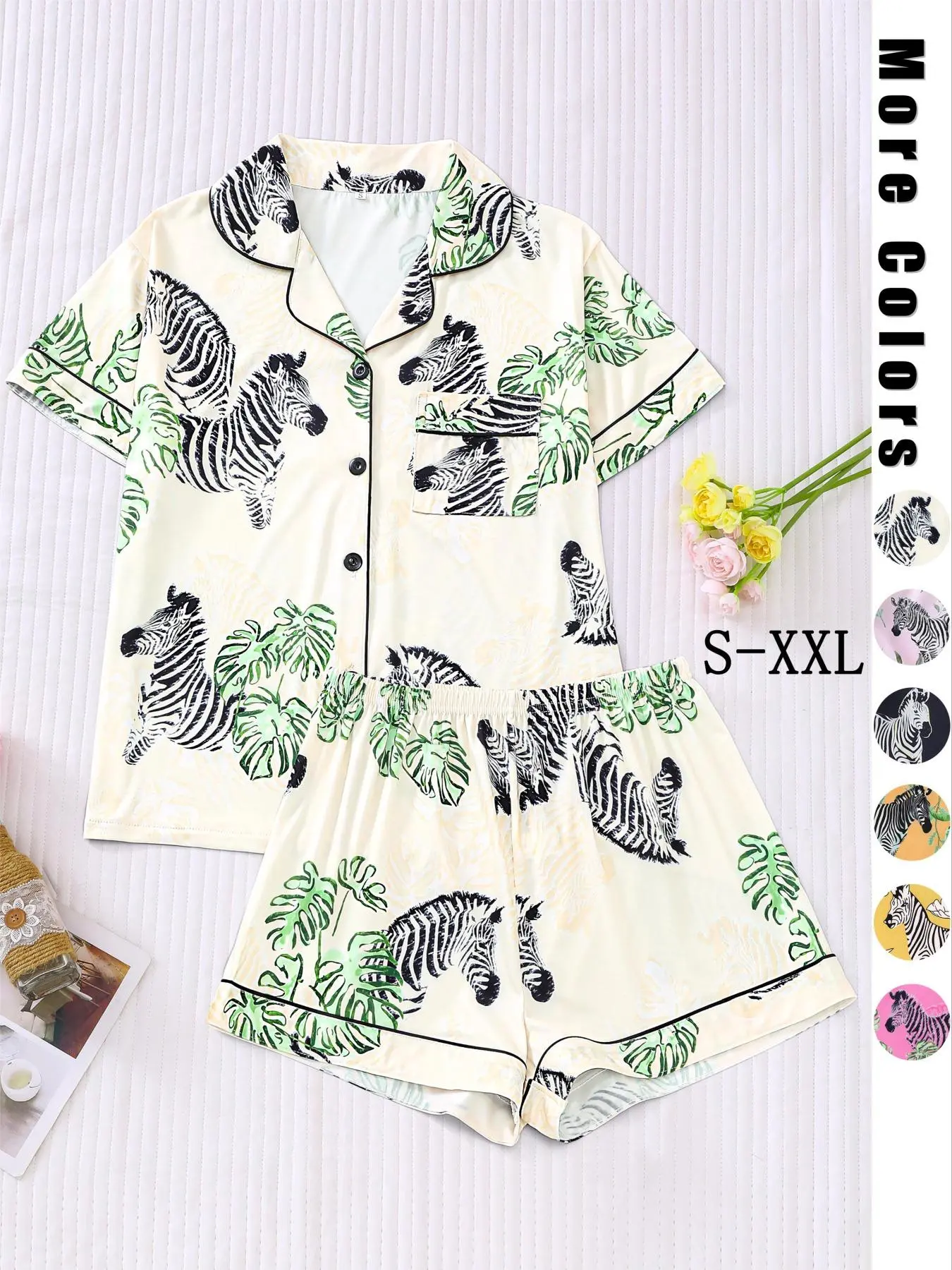 Two-piece Set Women's Zebra Print Pocket Lapel Shirt & Elastic Waist Shorts Pajama Set, Casual Comfortable Button Front Short Sleeve Top & Contrast Binding Shorts, Ladies Sleepwear, Pyjamas for Women