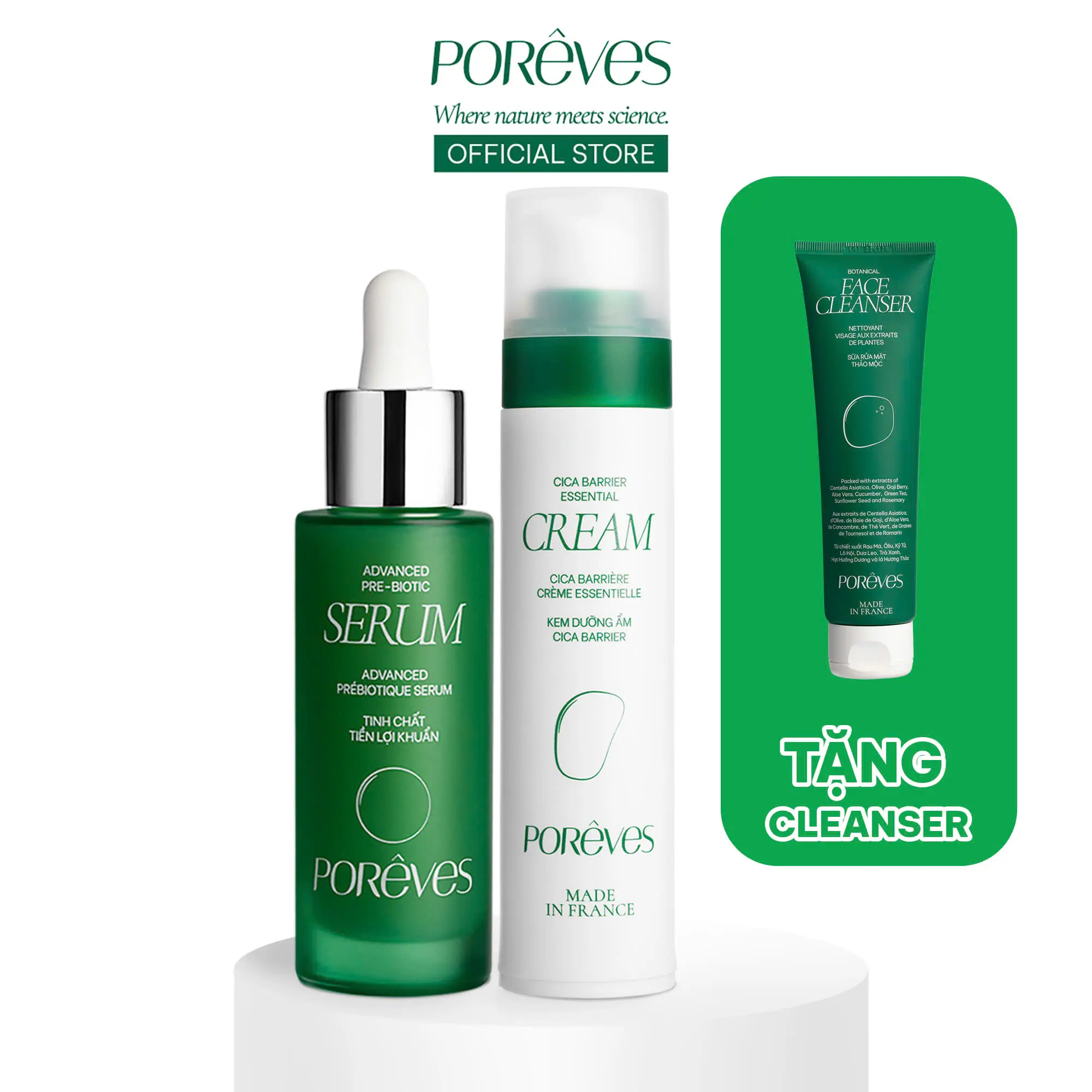 (Tặng Cleanser Fullsize) PORÊVES Combo Skincare Kem Dưỡng Ẩm Cica Barrier Essential Moisturizer 50ml và Serum Dưỡng Ẩm Hỗ Trợ Phục Hồi Advanced Prebiotic Serum 30ml | Làm Đẹp Da Nam Nữ Rau Má