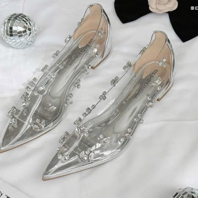 Giày bệt mica đính đá [LÙI 1 SIZE] MŨI HỞ Nữ baby cưới búp giay caogotdinhda guốc lấp cao (7) mũi gót trong suốt guôcxinh đẹp Shoes