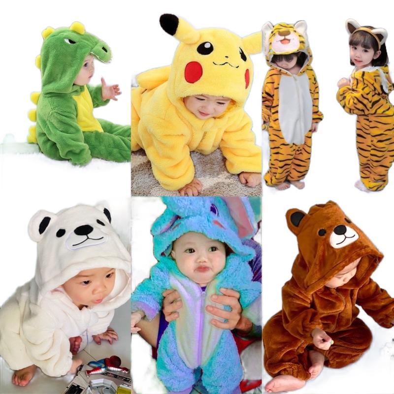 Bộ đồ thú Lông Hình Hổ, Voi, Khủng long, Bikachu, Gấu Cho Bé Trai Bé Gái Chất Lông Mặc Giữ Ấm