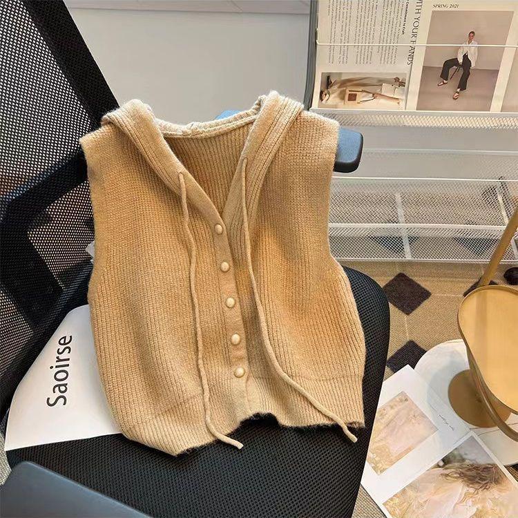 Áo Ghi Lê Cardigan Không Tay Có Mũ Trùm Đầu, Thiết Kế Ngắn, Hàng Mới Về, Áo Ghi Lê Dệt Kim, Áo Vest Dáng Rộng, Áo Khoác Len, Quần Áo Nữ, Năm 2024 1