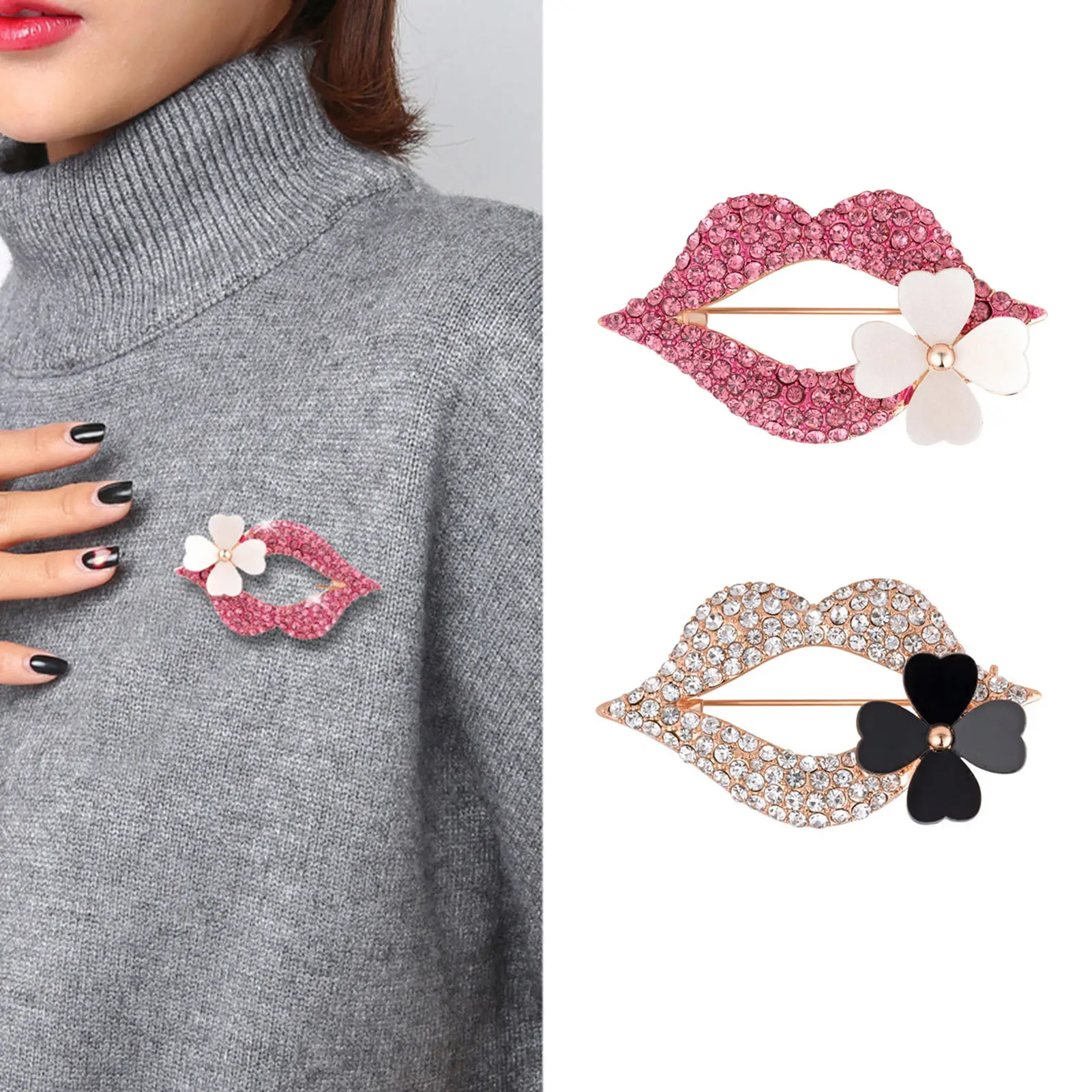 Women Brooch Red Lip Flower Shape Rhinestone Stainless Anti-slip Handbag Coat Collar Hat Scarf Decoration Clothes Pin Prom Party Garment Jewelry