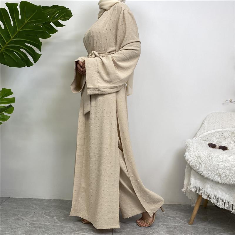 Product Introduction of Robe Three-Piece Set Long Cardigan Sleeveless Top and Pants with Pockets Muslim Islamic Clothing 1958 23