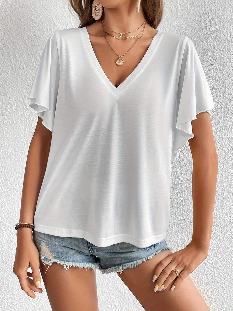 Product Introduction of Women's Plain V Neck Tee without Bottom, Casual Short Sleeve T-shirt for Summer, Ladies Clothes for Daily Wear 1