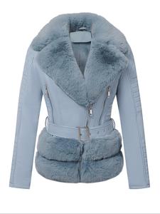 Women's Contrast Faux Fur Trim Belted Zip Up  Coat, Casual Long Sleeve Lapel Neckline Outerwear for Fall & Winter, Ladies Clothes for Daily Wear