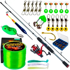 Joran Pancing Nilon 2 Buah, Tongkat Pancing Perjalanan Kekuatan M dengan Rasio Gigi 5.2:1, Gulungan Pancing dan Senar Pancing Kepang 100M, Kit Aksesori Umpan Senar Pancing Nilon 150M Ikan Reel Roda