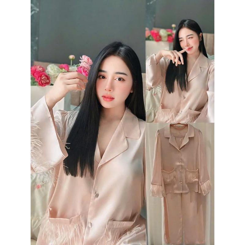 Đồ Bộ Cao Cấp Mặc Nhà Tiểu Thư Lụa Mịn Latin Mềm Mịn  Phối Lông Vũ Pijama Bộ Ngủ Nữ Freesize 40-58kg - HD STORE Áo 0
